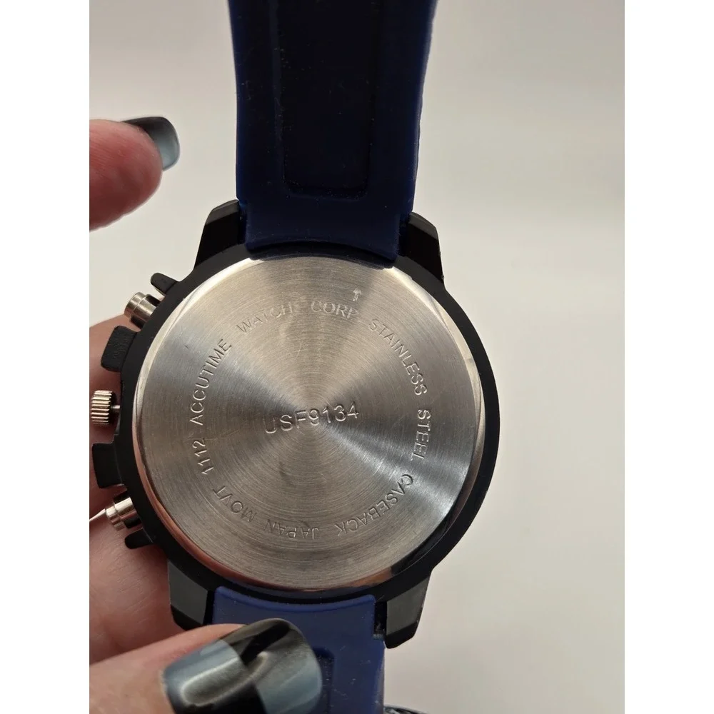 Accutime THRE3 Mens Sport Watch Black/Blue Dial Tachymeter Quartz Blue Silicone